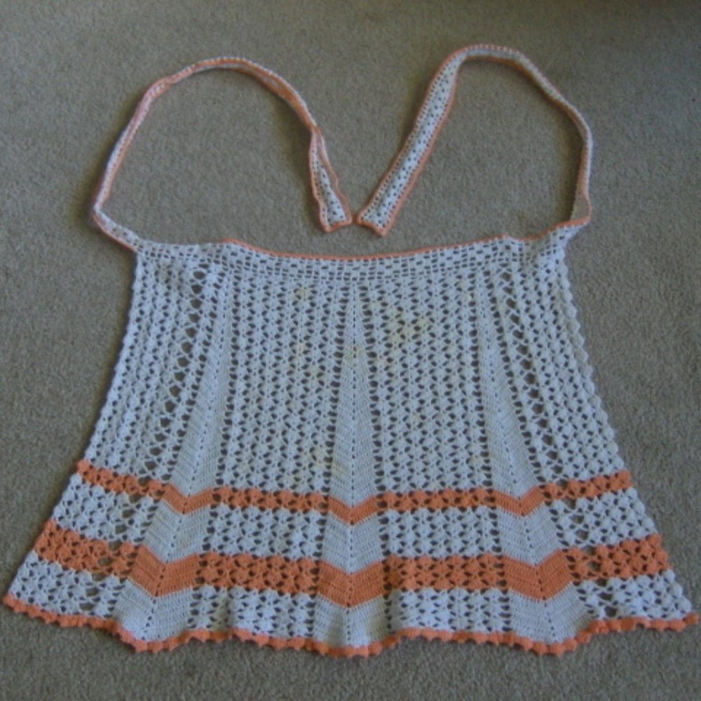 Vintage Crochet Half Apron Orange and White Stripe Homemade Handmade